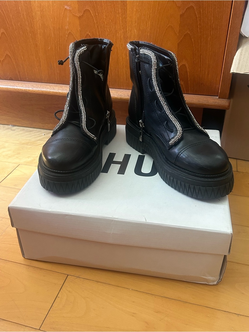Schutz Black Platform Zip-Up Combat Boots with Rhinestone Trim